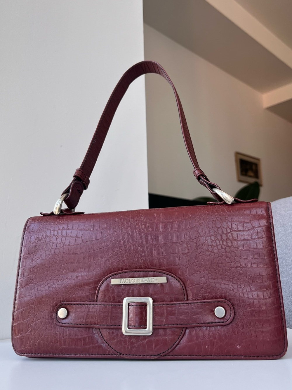 90s Vintage Burgundy Croc-Embossed Leather Flap Bag